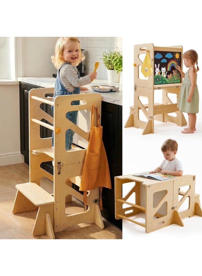 LBMT Toddler Montessori Tower Desk and Chair Set, 4 IN 1 Wood Foldable Kids Desk with Chalkboard, Convertible to Toddler Step Stool for Learning, Cooking, Drawing, Dining & Washing Hands - Image 1