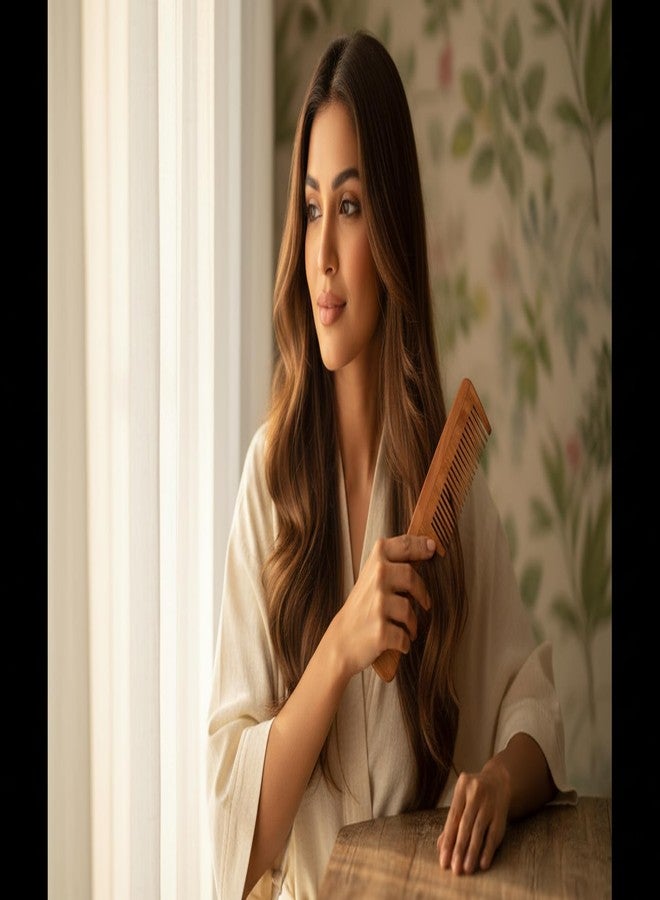 WITSOUL مشط خشب النيم العضوي/الأيورفيدي/المضاد للقشرة من ويتسول للرجال والنساء/لون بني/ (مجموعة من 4 قطع مع مشط للاستحمام) - Image 1