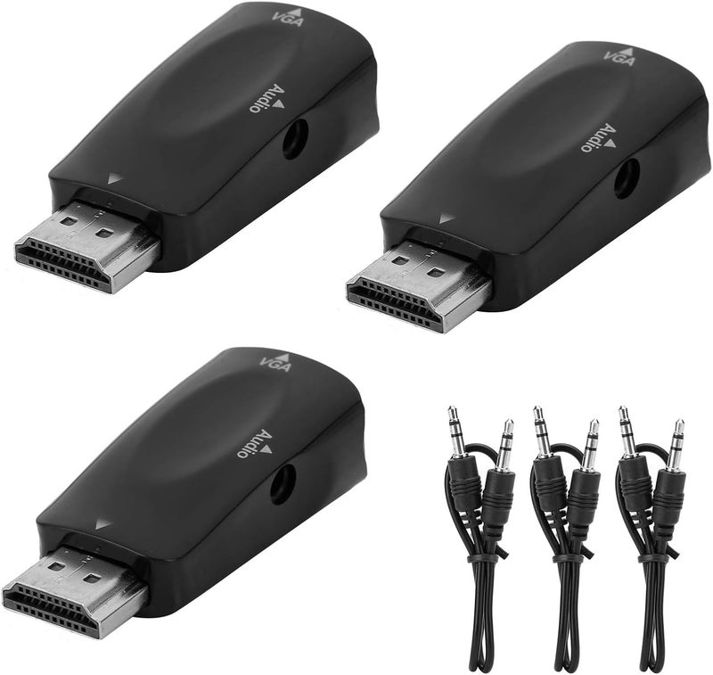 محول HDMI من ذكر إلى أنثى، 3 مجموعات من محولات HDMI إلى VGA مع كابل صوتي، محول فيديو 1080P لأجهزة الكمبيوتر واللابتوب والتلفزيونات، توصيل سريع وسهل (Plug and Play)، من الرقمي إلى التناظري - Image 1