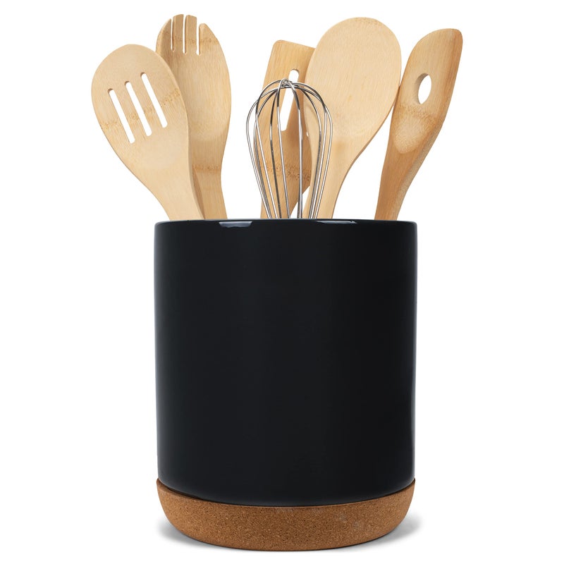 Elanze Designs Glossy X-Large Ceramic Stoneware Cork Bottom Kitchen Utensil Holder  Black - Image 1