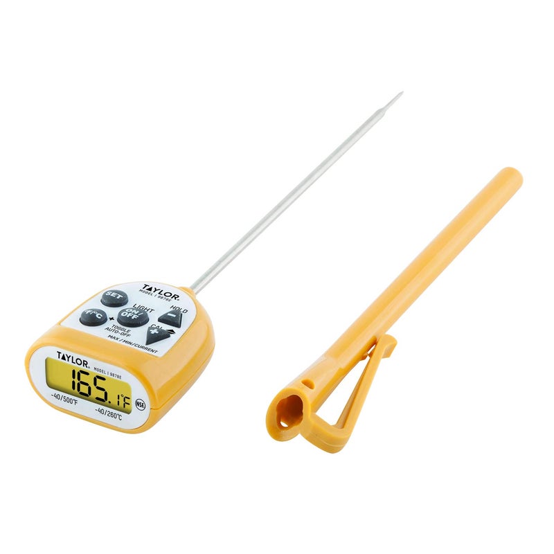 Taylor Compact Waterproof Digital Food Thermometer 45 Inch Stem Length with an FDA Recommended 15mm Stepdown Probe Diameter and Amber Backlit LCD HOLD MinMax NSF Yellow