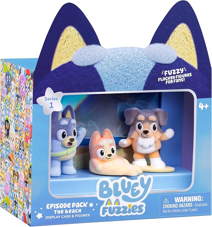 BLUEY Fuzzies Episode Pack: The Beach – 3 Specially Flocked Mini-Figures, 1 Exclusive, Display Case, Foil Trading Card & Collector’s Guide, 50 Mini-Figures to Collect - Image 1