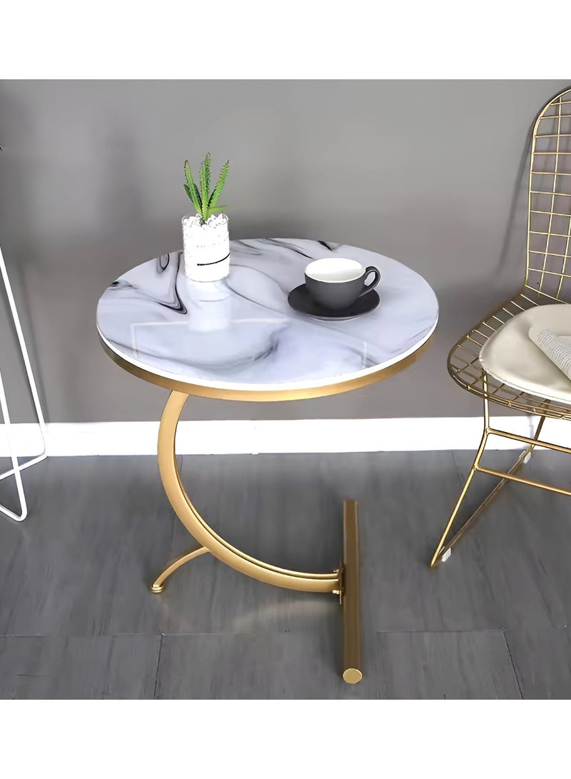 Lovstro C-Shaped Side Table, Round End Table for Sofa, White Marble-Effect Wood Top with Gold Metal Frame, Modern Corner Table for Living Room – 45cm x 65cm – Gold & White - Image 3