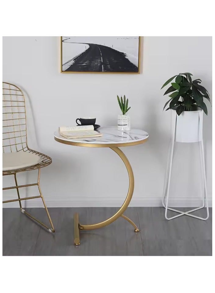 Lovstro C-Shaped Side Table, Round End Table for Sofa, White Marble-Effect Wood Top with Gold Metal Frame, Modern Corner Table for Living Room – 45cm x 65cm – Gold & White - Image 4