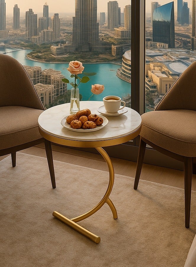 Lovstro C-Shaped Side Table, Round End Table for Sofa, White Marble-Effect Wood Top with Gold Metal Frame, Modern Corner Table for Living Room – 45cm x 65cm – Gold & White - Image 2