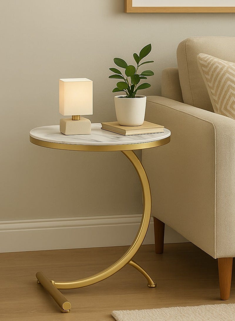 Lovstro C-Shaped Side Table, Round End Table for Sofa, White Marble-Effect Wood Top with Gold Metal Frame, Modern Corner Table for Living Room – 45cm x 65cm – Gold & White - Image 1