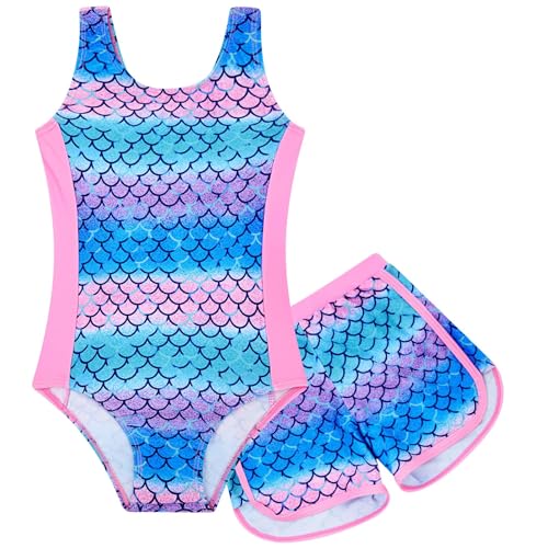 TUONROAD Girls Swimsuits Size 8 9 Big Girl's 2PCS Pink Blue Mermaid Scale Bathing Suit for Kids Summer Pool Swimwear with Shorts for Surfing 8 9 Years - Image 1