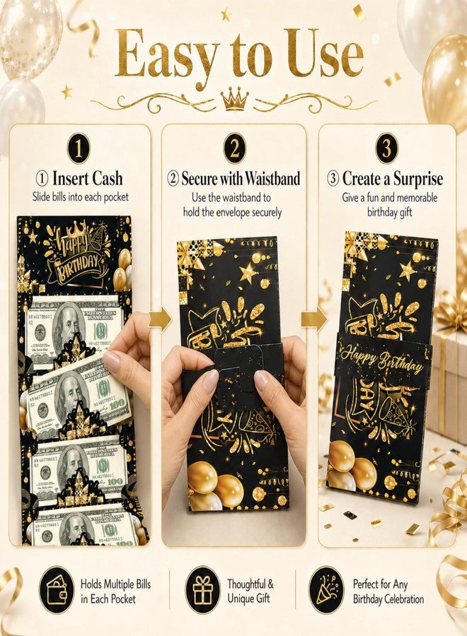 SRPHUAV Elegant Black and Gold Happy Birthday Pop Up Money Holder with 6 Slots, Luxury 3D Folding Cash Gift Card Envelope with Crown and Glitter Design, Unique Surprise Birthday Box for Men Women Adults - Image 5