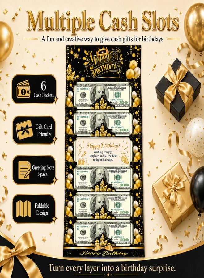 SRPHUAV Elegant Black and Gold Happy Birthday Pop Up Money Holder with 6 Slots, Luxury 3D Folding Cash Gift Card Envelope with Crown and Glitter Design, Unique Surprise Birthday Box for Men Women Adults - Image 3