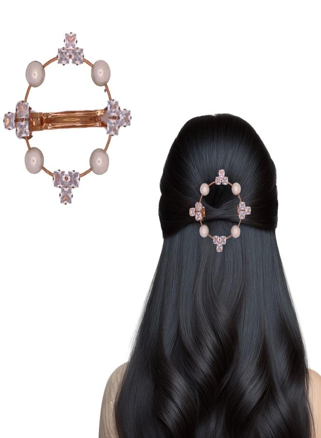 Jwella Elegant Pearl & Crystal Round Hair Clip – Rose Gold Barrette for Women & Girls - Image 3