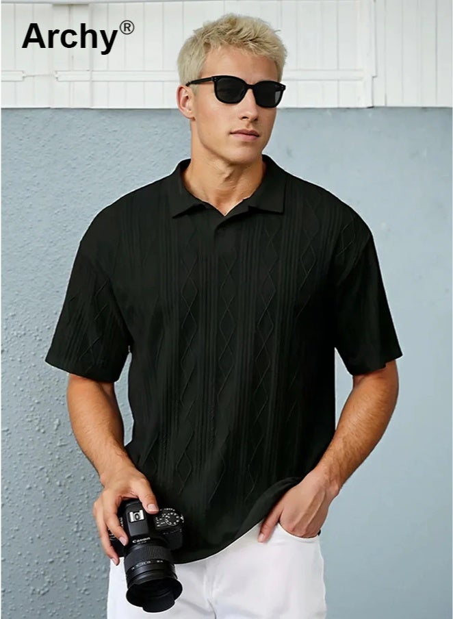 Archy Men's Summer Retro Polo Shirt - Loose Textured Knit, Short Sleeve, Classic Collar - Image 3