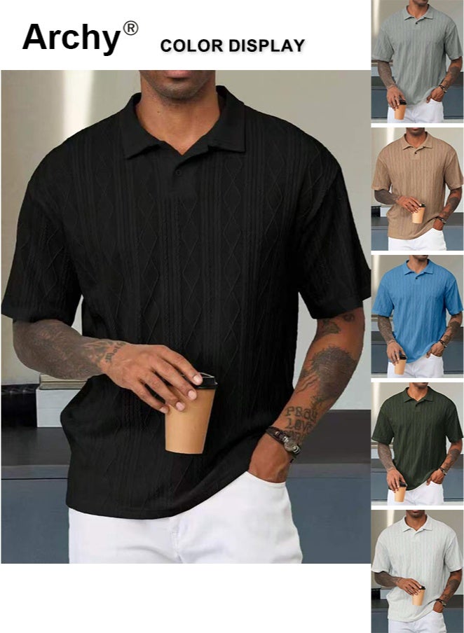 Archy Men's Summer Retro Polo Shirt - Loose Textured Knit, Short Sleeve, Classic Collar - Image 5