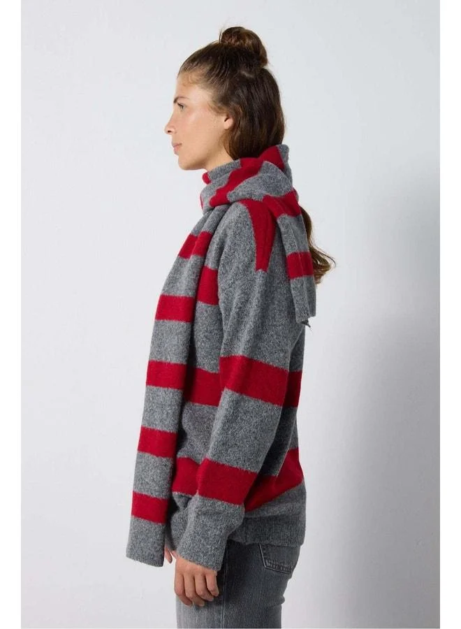 mina aise Women's Grey – Red Striped Yarn-Trimmed Knit Cardigan 7069.