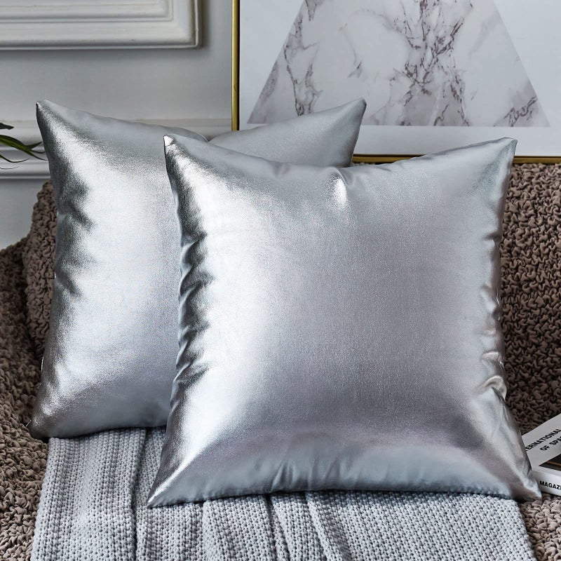 EUCIOR Silver Pillow CoversDecorative Throw Pillows18x18 inchPack of 2Decorative Throw Pillow Covers Modern Metallic Shiny Cushion Cover for Sofa Bedroom Car