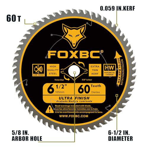 FOXBC 6-1/2 inch Circular Saw Blade Ultra Fine Finish 60-Tooth for Wood Cutting, Thin-Kerf with 5/8" Arbor - Image 2