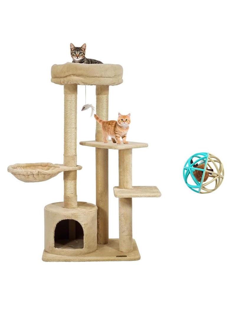 أن ان سي بيتس شجرة قطط داخلية كبيرة مع مجثم فاخر، وأرجوحة مريحة، وشقة خاصة، وأعمدة خدش متينة، وبرج أنشطة للقطط بطول 108 سم مع كرة لعب ممتعة، ولعبة فأر معلقة، وكرة تصدر صريرًا (بيج) - Image 1