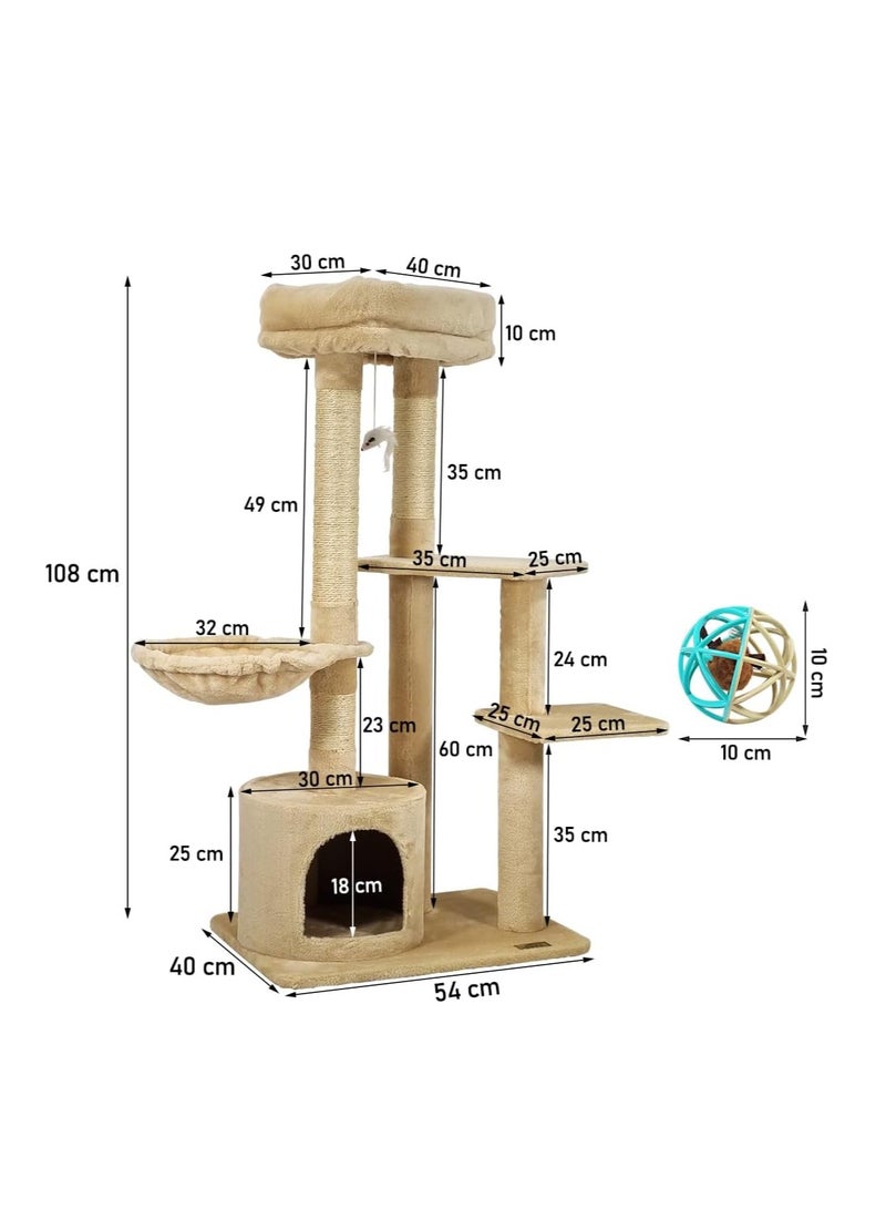 أن ان سي بيتس شجرة قطط داخلية كبيرة مع مجثم فاخر، وأرجوحة مريحة، وشقة خاصة، وأعمدة خدش متينة، وبرج أنشطة للقطط بطول 108 سم مع كرة لعب ممتعة، ولعبة فأر معلقة، وكرة تصدر صريرًا (بيج) - Image 2