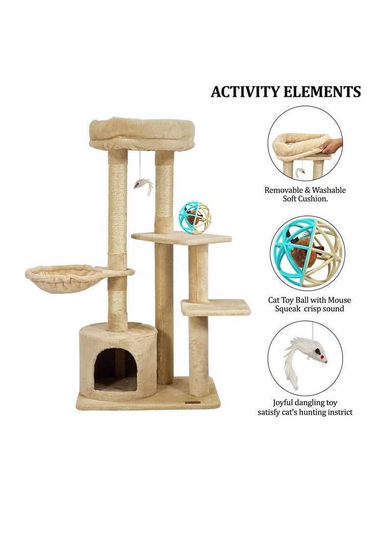 أن ان سي بيتس شجرة قطط داخلية كبيرة مع مجثم فاخر، وأرجوحة مريحة، وشقة خاصة، وأعمدة خدش متينة، وبرج أنشطة للقطط بطول 108 سم مع كرة لعب ممتعة، ولعبة فأر معلقة، وكرة تصدر صريرًا (بيج) - Image 3