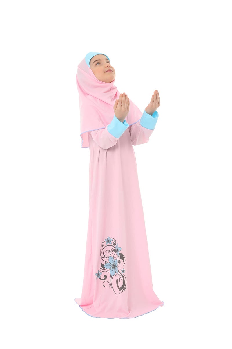 Elanesa  Girl's Prayer Islamic Dress Flower Printed Sleeve Cuffed Prayer Set for Muslim Girls (100, Pink, 10-11) - Image 2