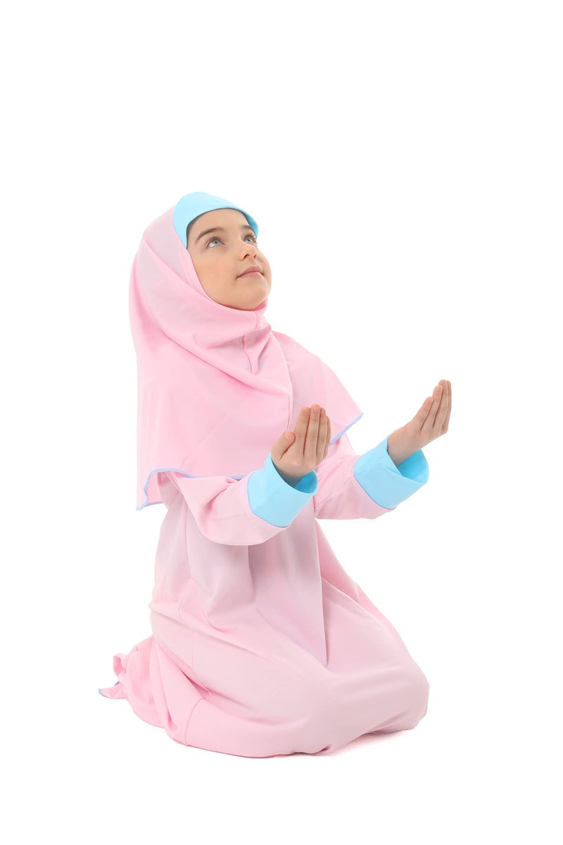 Elanesa  Girl's Prayer Islamic Dress Flower Printed Sleeve Cuffed Prayer Set for Muslim Girls (100, Pink, 10-11) - Image 4