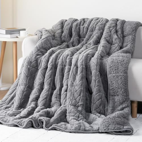 Cottonblue Weighted Blanket for Adults - Plush Cozy Sherpa Weighted Blankets for a Better Night's Sleep, Luxurious Jacquard Decor Blanket Queen Size for Bed Sofa Couch, 60x80 Inches,15lbs,Grey - Image 1