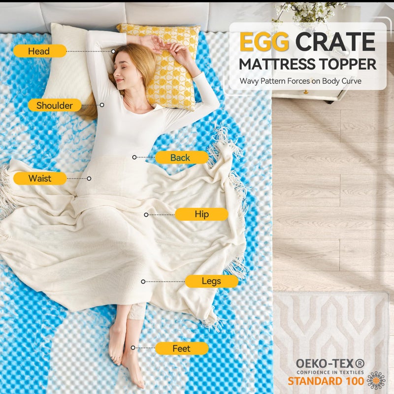 SINWEEK 3 Inch Egg Crate Memory Foam Mattress Topper Queen Size, Soft Mattress Pad for Back Pain Relief, Bed Topper, CertiPUR-US Certified, Blue - Image 2
