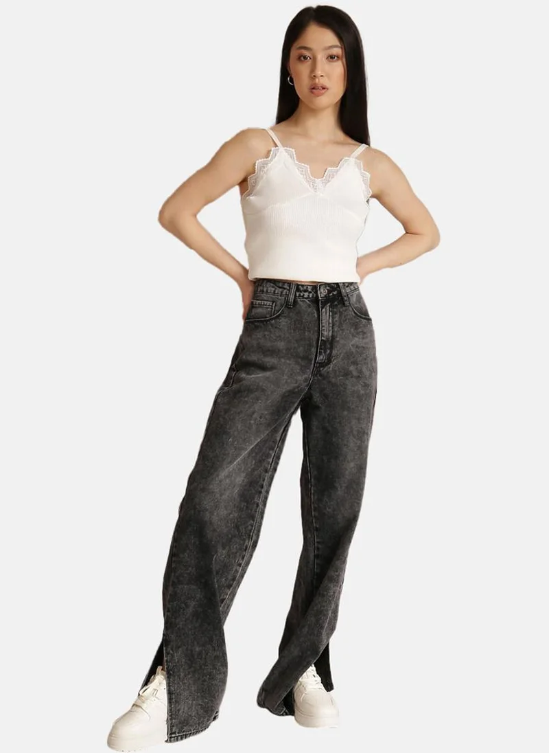 YUNIQEE Black Wide Leg Clean Look High-Rise Jeans