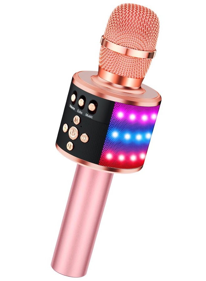 BONAOK ميكروفون كاريوكي بلوتوث لاسلكي مع أضواء LED قابلة للتحكم مكبر صوت كاريوكي محمول لعيد الميلاد عيد الميلاد حفلة منزلية لأجهزة Android/iPhone/PC أو جميع الهواتف الذكية (Q78ذهب وردي) - Image 1
