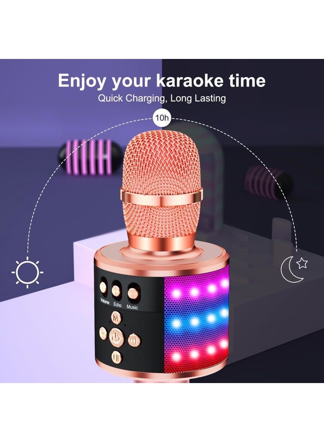 BONAOK ميكروفون كاريوكي بلوتوث لاسلكي مع أضواء LED قابلة للتحكم مكبر صوت كاريوكي محمول لعيد الميلاد عيد الميلاد حفلة منزلية لأجهزة Android/iPhone/PC أو جميع الهواتف الذكية (Q78ذهب وردي) - Image 5