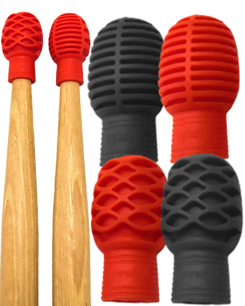 Powered By Rock Drumstick Dampeners for Silencing Drumming Practice - Replace Your Drum Practice Pad - Silicone Drumstick Tips Mute Clacking Sound from Sticks on Solid Surfaces - 4 Pack - Image 1