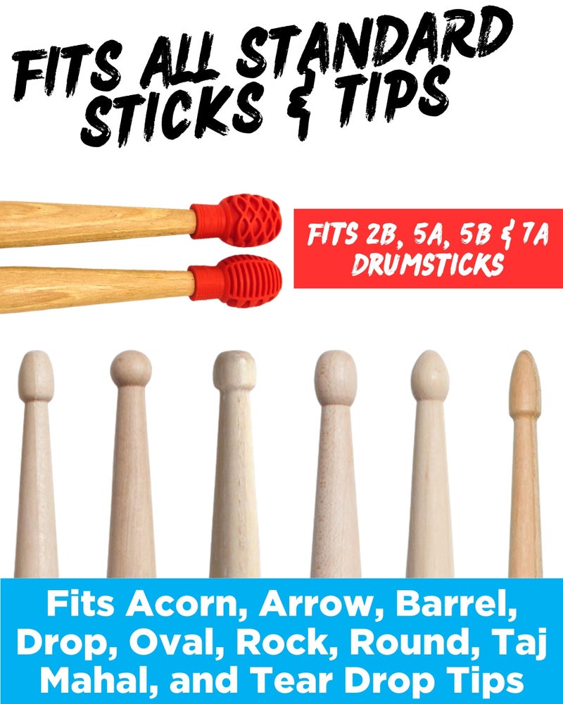 Powered By Rock Drumstick Dampeners for Silencing Drumming Practice - Replace Your Drum Practice Pad - Silicone Drumstick Tips Mute Clacking Sound from Sticks on Solid Surfaces - 4 Pack - Image 2