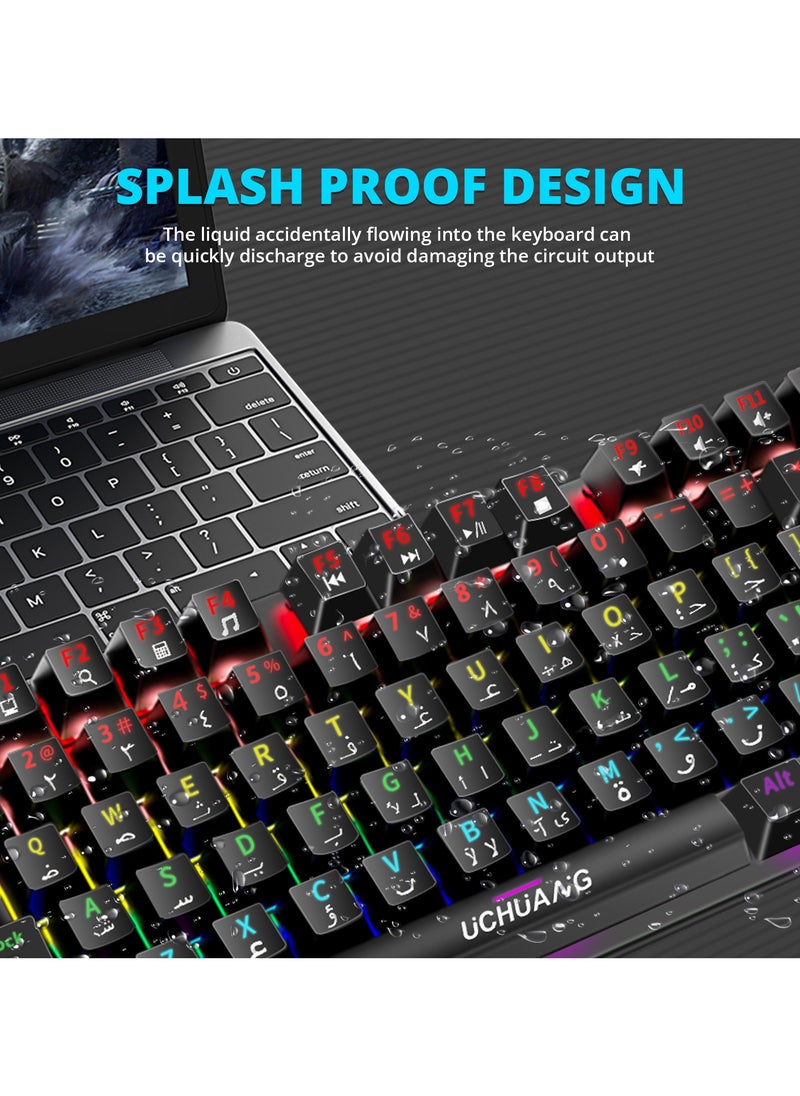 UCHUANG - English Arabic Mechanical Gaming Keyboard with RGB LED Rainbow Backlit,Hot Swappable,Quick Response USB Wired Waterproof 87 Keys Keyboard for Windows/MacOS/Android PC Gamers - Black(Blue Switch) - Image 1