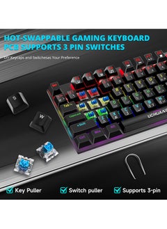 UCHUANG English Arabic Mechanical Gaming Keyboard with RGB LED Rainbow Backlit,Hot Swappable,Quick Response USB Wired Waterproof 87 Keys Keyboard for Windows/MacOS/Android PC Gamers - Black(Blue Switch)  - Image 2