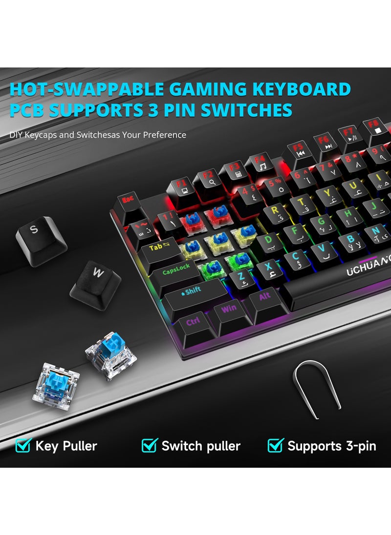UCHUANG - English Arabic Mechanical Gaming Keyboard with RGB LED Rainbow Backlit,Hot Swappable,Quick Response USB Wired Waterproof 87 Keys Keyboard for Windows/MacOS/Android PC Gamers - Black(Blue Switch) - Image 1