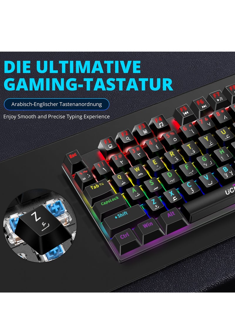 UCHUANG - English Arabic Mechanical Gaming Keyboard with RGB LED Rainbow Backlit,Hot Swappable,Quick Response USB Wired Waterproof 87 Keys Keyboard for Windows/MacOS/Android PC Gamers - Black(Blue Switch) - Image 1