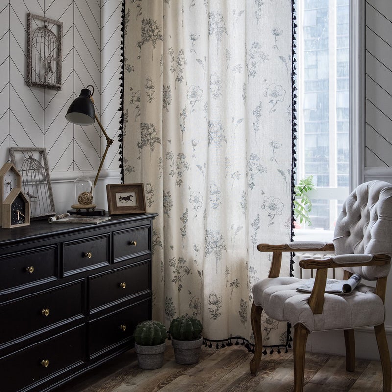 Sutuo Home Boho Curtain with Handmade Tassels, Rod Pocket Window Treatment Vintage Rustic Bohemian French Farmhouse Semi-Blackout Print Drape for Bedroom, 1 Panel 59" W x 84" L,Grey Floral - Image 2