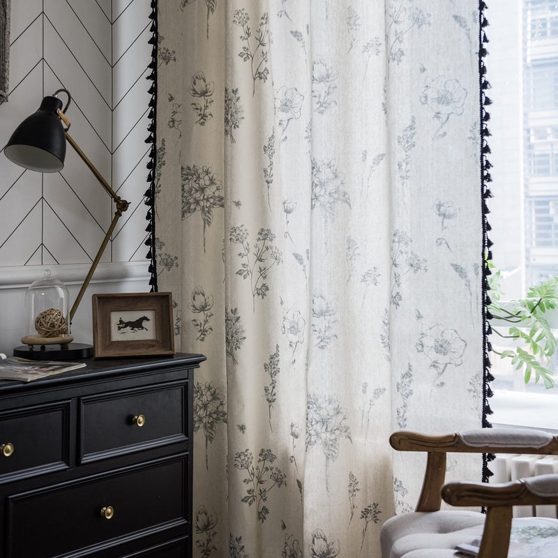 Sutuo Home Boho Curtain with Handmade Tassels, Rod Pocket Window Treatment Vintage Rustic Bohemian French Farmhouse Semi-Blackout Print Drape for Bedroom, 1 Panel 59" W x 84" L,Grey Floral - Image 3