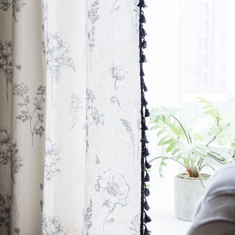 Sutuo Home Boho Curtain with Handmade Tassels, Rod Pocket Window Treatment Vintage Rustic Bohemian French Farmhouse Semi-Blackout Print Drape for Bedroom, 1 Panel 59" W x 84" L,Grey Floral - Image 4