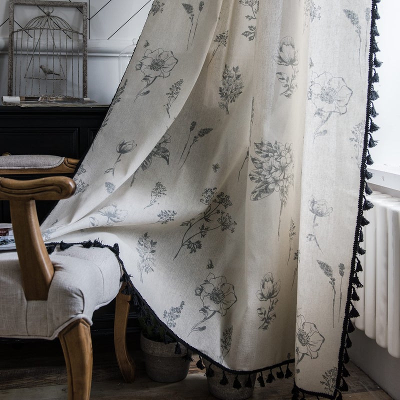 Sutuo Home Boho Curtain with Handmade Tassels, Rod Pocket Window Treatment Vintage Rustic Bohemian French Farmhouse Semi-Blackout Print Drape for Bedroom, 1 Panel 59" W x 84" L,Grey Floral - Image 1
