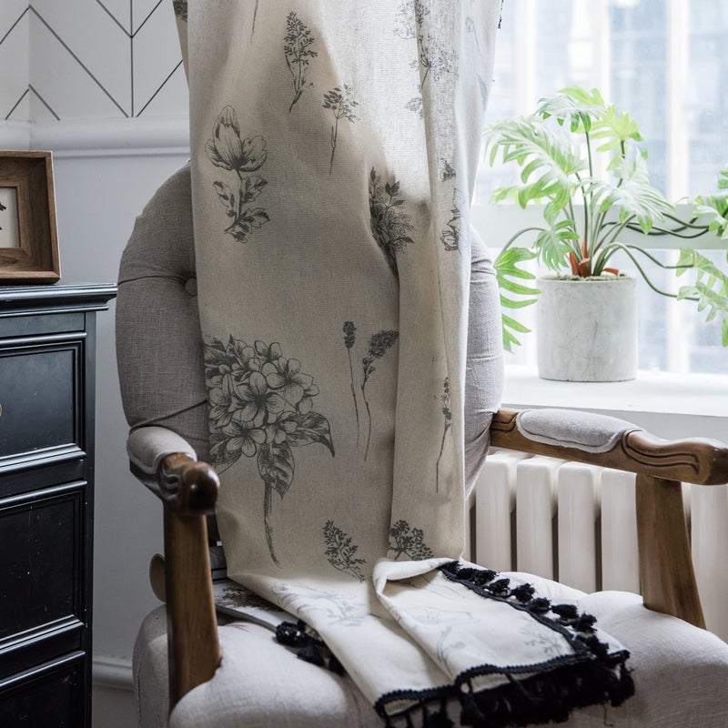 Sutuo Home Boho Curtain with Handmade Tassels, Rod Pocket Window Treatment Vintage Rustic Bohemian French Farmhouse Semi-Blackout Print Drape for Bedroom, 1 Panel 59" W x 84" L,Grey Floral - Image 5