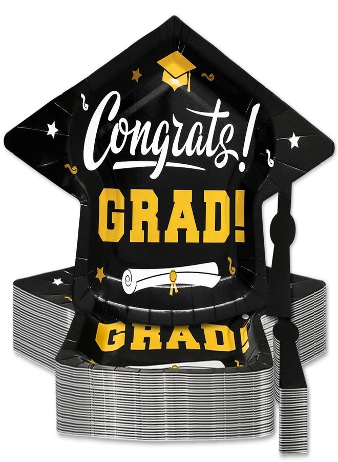 Whaline 48Pcs Graduation Cap Paper Plate Congrats Grad Hat Disposable Plate Black Gold Dinner Dessert Plates for Party Supplies Table Decor, 10.6 x 6.7 inch - Image 1
