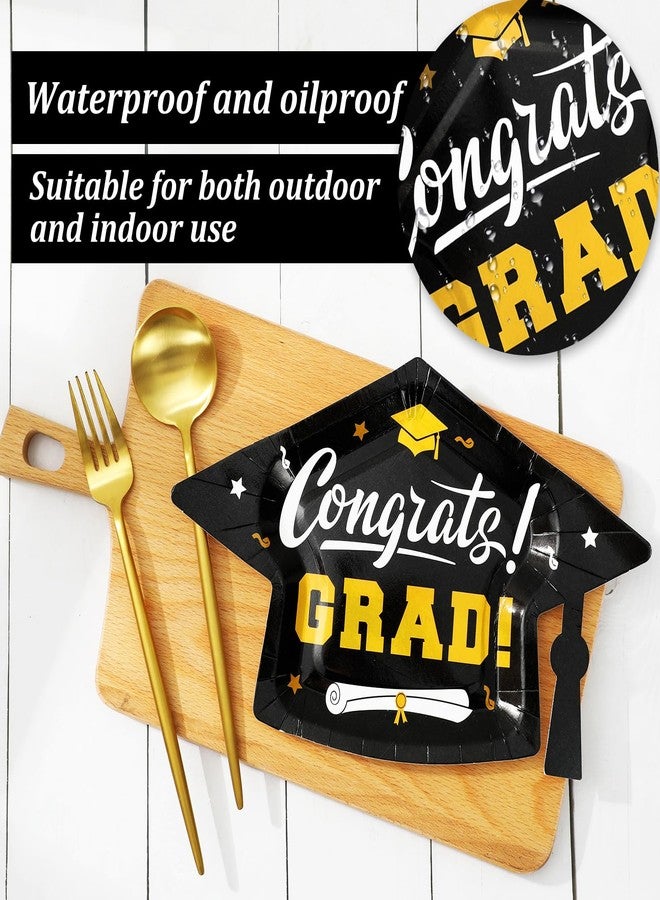 Whaline 48Pcs Graduation Cap Paper Plate Congrats Grad Hat Disposable Plate Black Gold Dinner Dessert Plates for Party Supplies Table Decor, 10.6 x 6.7 inch - Image 3