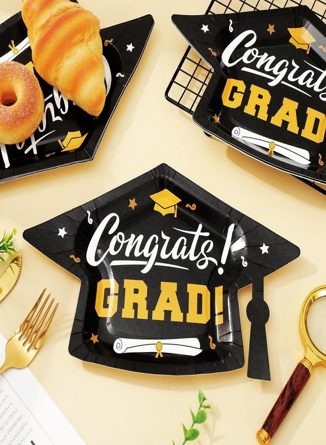 Whaline 48Pcs Graduation Cap Paper Plate Congrats Grad Hat Disposable Plate Black Gold Dinner Dessert Plates for Party Supplies Table Decor, 10.6 x 6.7 inch - Image 5