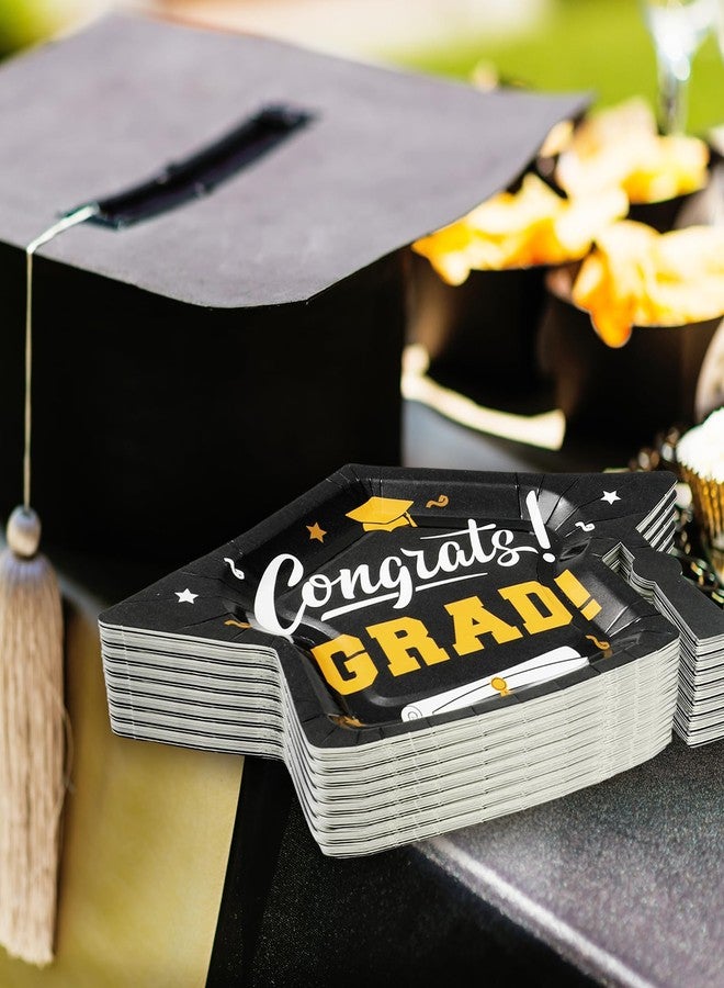 Whaline 48Pcs Graduation Cap Paper Plate Congrats Grad Hat Disposable Plate Black Gold Dinner Dessert Plates for Party Supplies Table Decor, 10.6 x 6.7 inch - Image 4