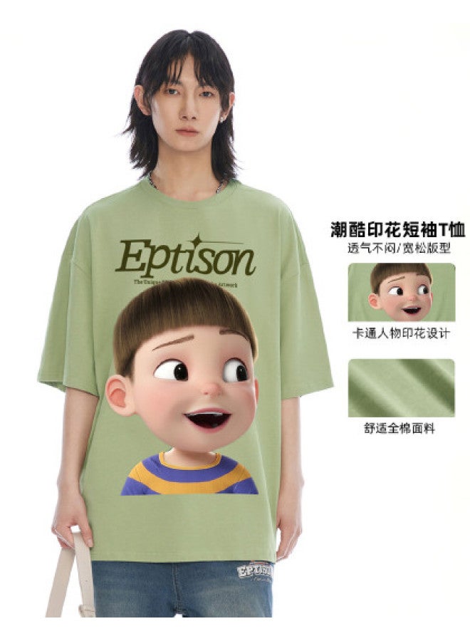 EPTISON Men's Printed National Style Short Sleeve T-shirt - Loose Round Neck 230gsm Heavyweight Unisex Couple Tee - Image 1