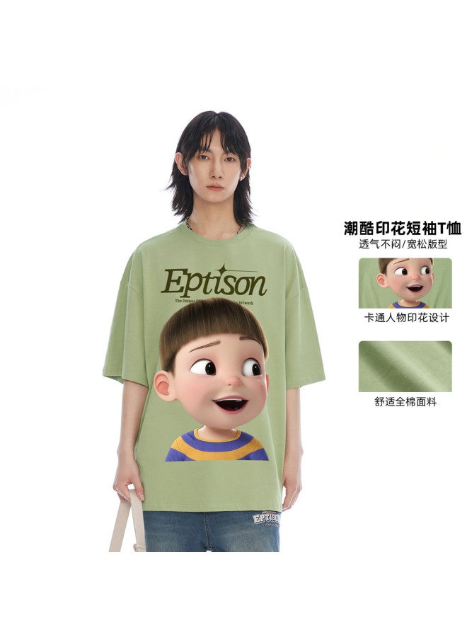 EPTISON Men's Printed National Style Short Sleeve T-shirt - Loose Round Neck 230gsm Heavyweight Unisex Couple Tee - Image 2