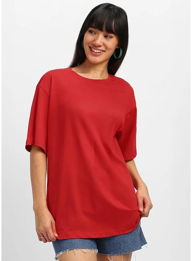 Juneberry Juneberry Pure Cotton Over-size RED  T-Shirt For Women