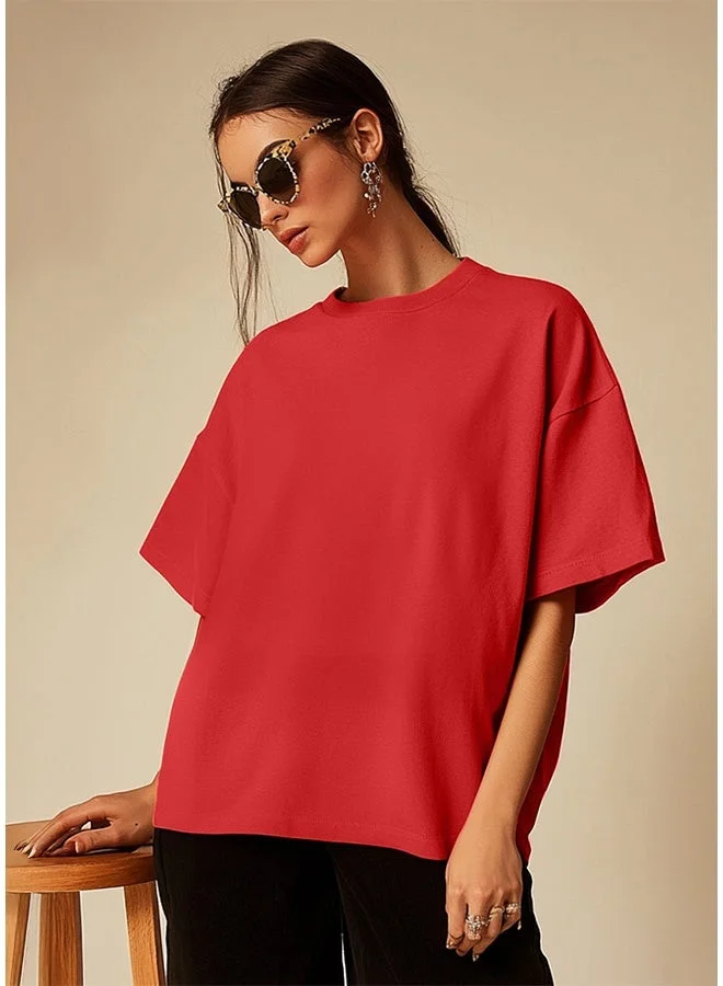 Juneberry Juneberry Pure Cotton Over-size RED  T-Shirt For Women