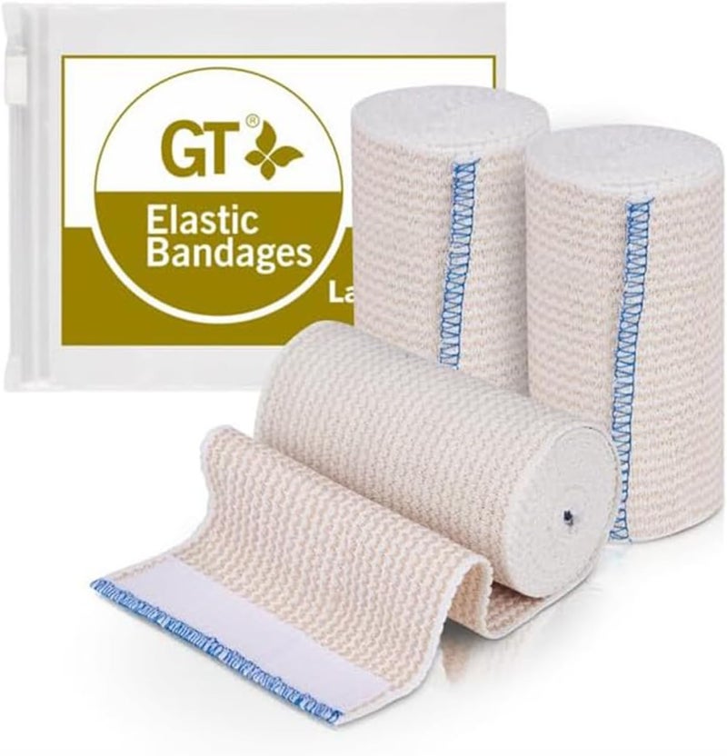 GT Premium Elastic Bandage Wrap (4" 3 Pack) - Hook & Loop Fasteners at Both Ends - Latex Free Hypoallergenic Compression Roll - Reusable Bandages Best for Waist, Legs, Elbow & Knee Wrap 