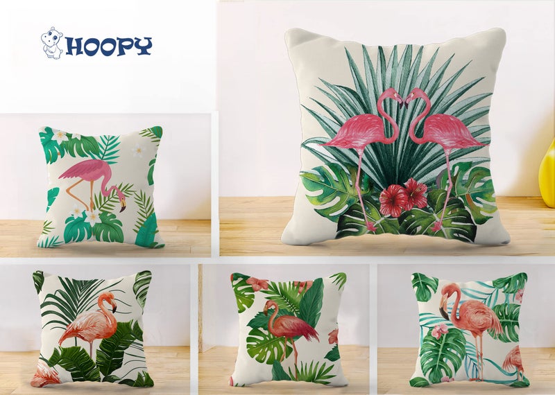 HOOPY Canvas Set of 5 Designer Decorative Throw Pillow/Cushion Covers (16 Inch X 16 Inch, Flamingo Print), 100 TC,Pink - Image 2